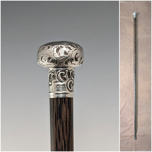 Antique British black shaft engraved sterling silver walking stick with rondelle handle, 86cm