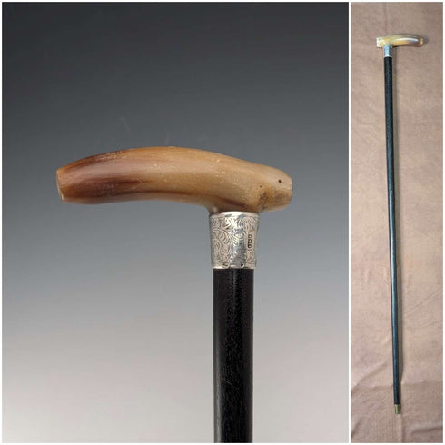 1904 British Antique Black Shaft Horn Clutch Handle Sterling Silver Decorated Walking Stick 90cm