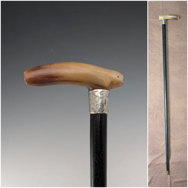1904 British Antique Black Shaft Horn Clutch Handle Sterling Silver Decorated Walking Stick 90cm