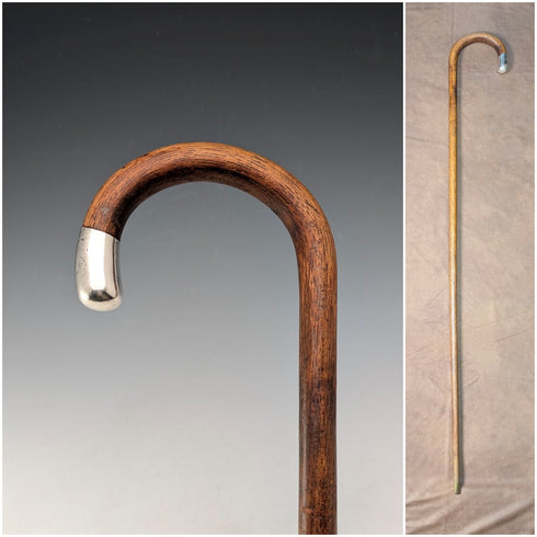 20 世紀 20 年代英國古董棕色桿,彎曲手柄,純銀裝飾,手杖,89 厘米