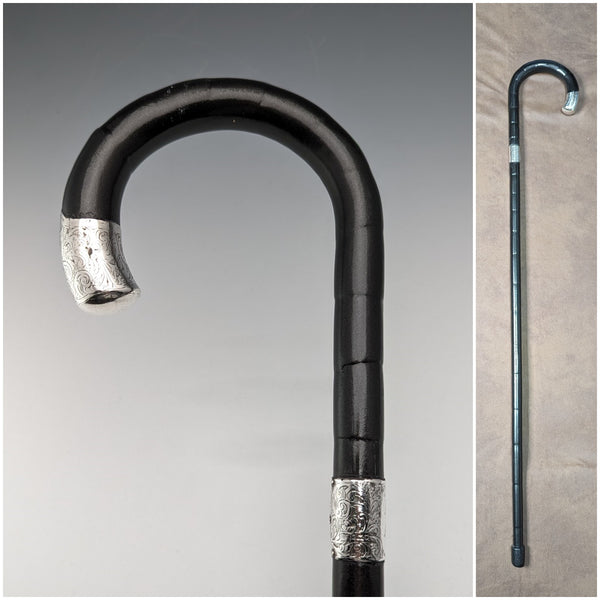 1911 British antique gentleman's walking stick, pure silver decoration, black shaft, 85cm, Henry Tracy Sons