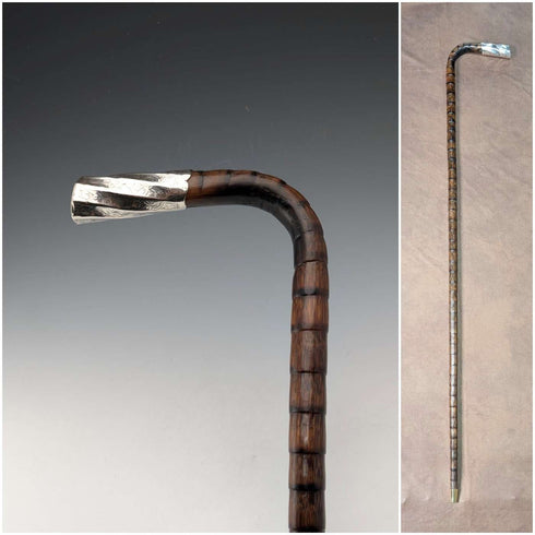 1906 British Antique Walking Stick, 92cm, Brown Handle, L-Handle, Sterling Silver Decoration, by Thomas Davis