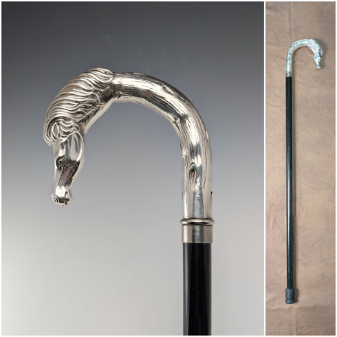 Italian Vintage Black Shaft Sterling Silver Horsehead Handle Walking Stick, 82cm