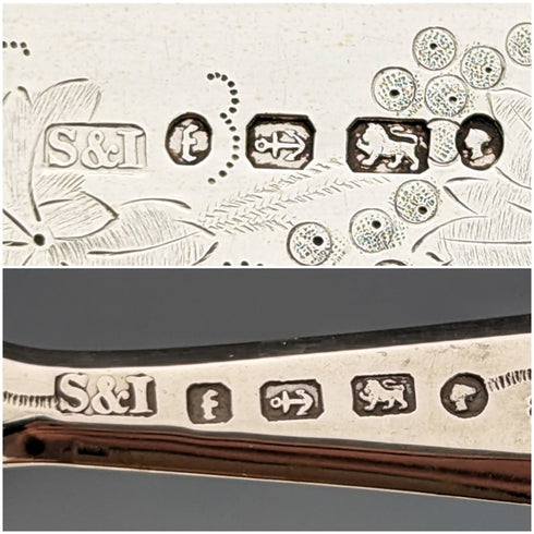 1880年 英国アンティーク 彫刻白蝶貝ハンドル デザートカトラリー3ペアセット Stokes & Ireland