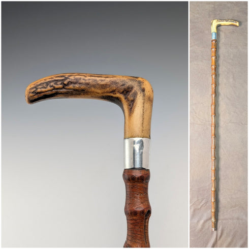 1901 年英國古董竹軸 L 形鹿角手柄純銀裝飾手杖 手杖 81 厘米