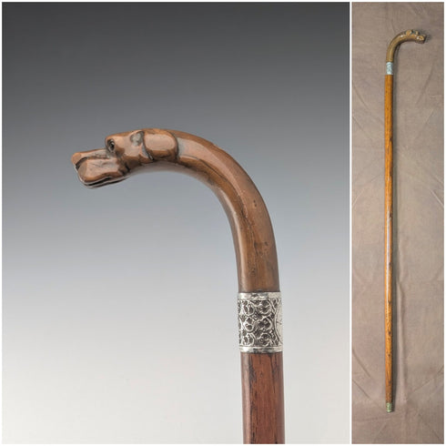 1919年 英国アンティーク ブラウンシャフト ドッグヘッドハンドル 純銀装飾 杖 87cm Jonathan Howell