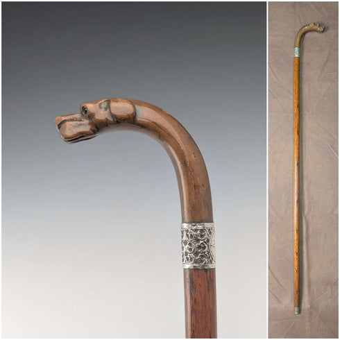 1919年 英国アンティーク ブラウンシャフト ドッグヘッドハンドル 純銀装飾 杖 87cm Jonathan Howell