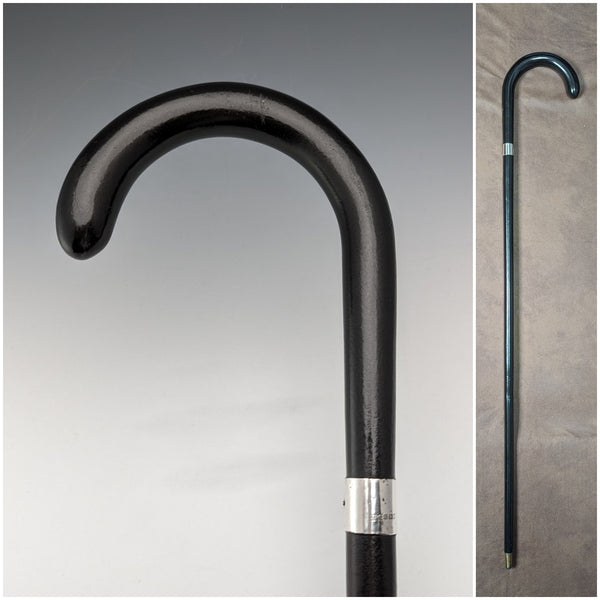 1923 British antique gentleman's walking stick, pure silver decoration, black shaft, 91cm, K&S Ltd