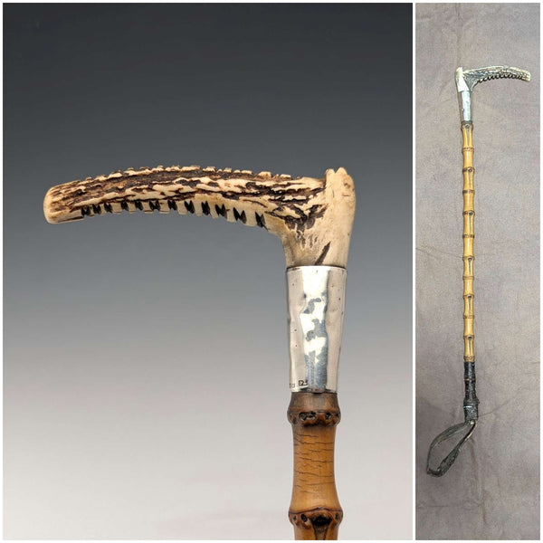 1886 British Antique Riding Crop with Antlers, 50cm