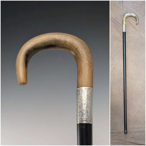 1927 British Antique Black Shaft Horn Handle Sterling Silver Walking Stick 84cm