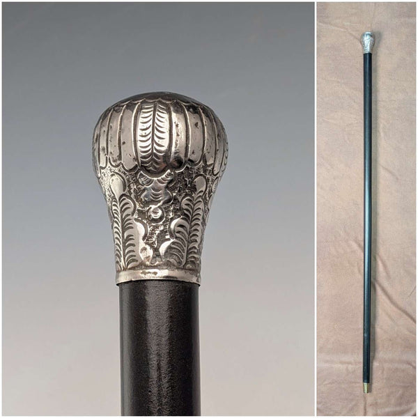 Circa 1900 Antique Black Shaft Sterling Silver Rondelle Handle Walking Stick 88cm