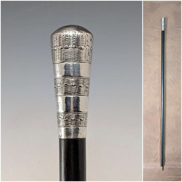 1922 British antique black shaft sterling silver rondelle handle walking stick 91cm MS