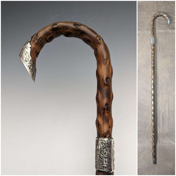 1900 年英國古董男士手杖,弧形手柄,純銀裝飾,棕色桿,90 厘米