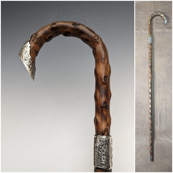 1900 British Antique Men's Cane, Curved Handle, Sterling Silver Decoration, Brown Shaft, 90cm