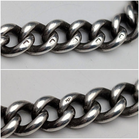 1896年 英国アンティーク 純銀製アルバートチェーン 49g 純銀2色回転フォブ