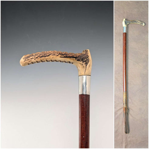 1913 British Antique Riding Crop with Antlers, 52cm
