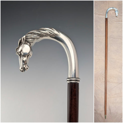 Italian Vintage Brown Shaft Sterling Silver Horsehead Handle Walking Stick, 95cm