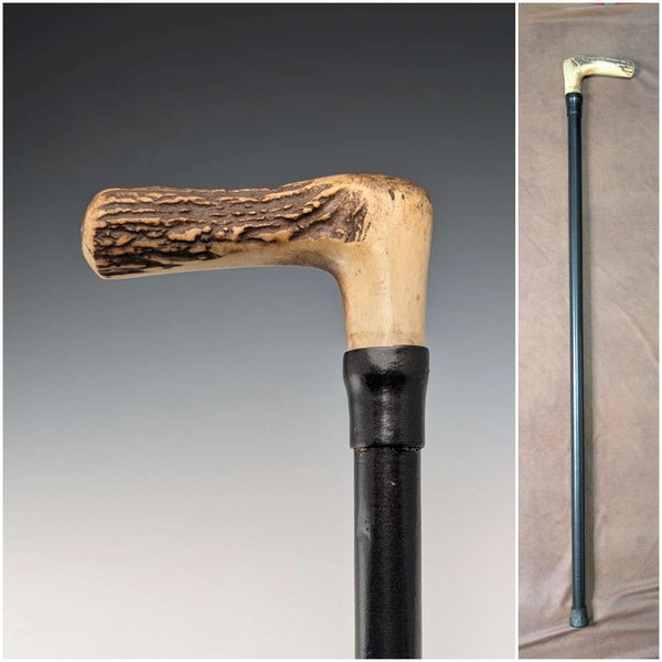 Late 19th Century British Antique Black Shaft Walking Stick with Horse Measuring Tape, Antler Handle, 93cm