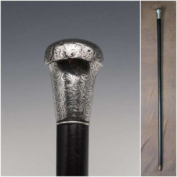 1908 British Antique Black Shaft Sterling Silver Rondelle Handle Walking Stick Cane 90cm J Howell