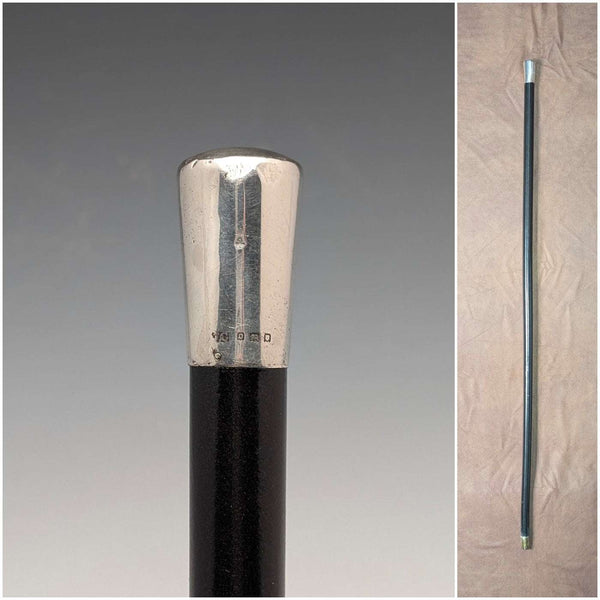 1929 English Vintage Black Shaft Sterling Silver Rommel Handle Cane 89cm