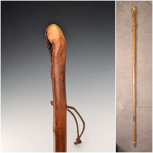 Vintage Natural Wood Hiking Stick with Leather Strap, 124cm