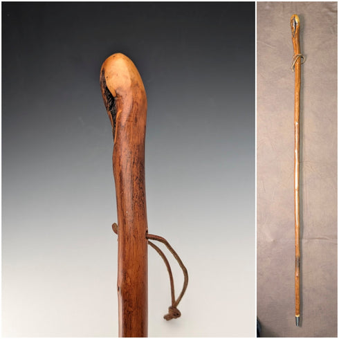 Vintage Natural Wood Hiking Stick with Leather Strap, 124cm