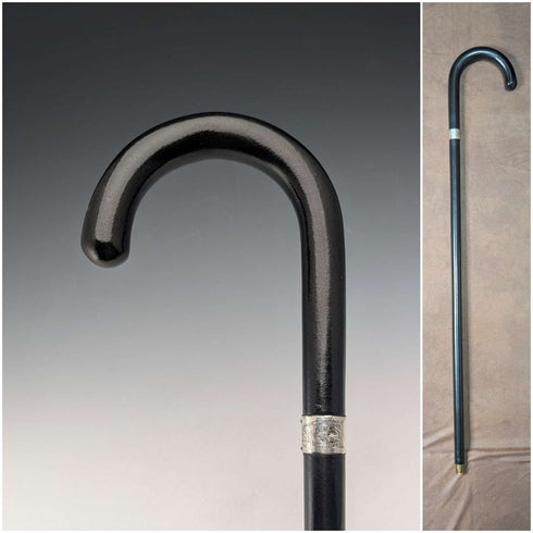 1944 British vintage black shaft curved handle pure silver decorated walking stick 83cm K&SLD