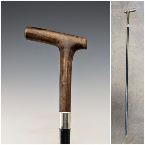 1883 British antique ladies clutch handle pure silver decorated walking stick 81cm