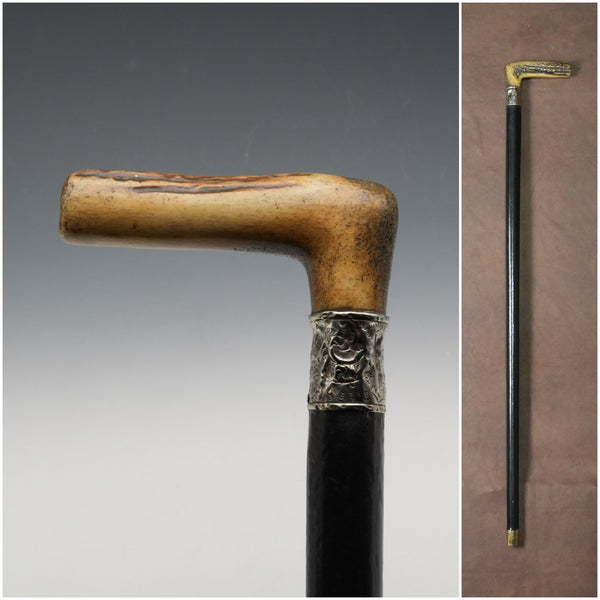 1900年左右 英國古董 黑柄純銀裝飾 鹿角手柄手杖 拐杖 81cm