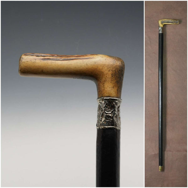 Circa 1900 British Antique Black Shaft Sterling Silver Mount Antler Handle Walking Stick Cane 81cm