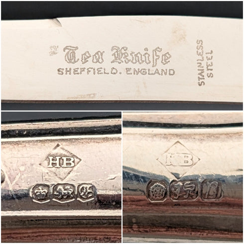 1974年頃 英国ヴィンテージ 純銀ハンドル ティーナイフ&フォーク 6ペア Harrison Brothers ケース入