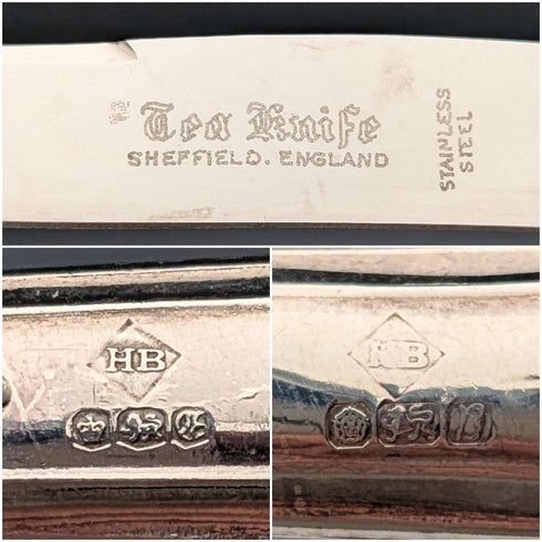 1974年頃 英国ヴィンテージ 純銀ハンドル ティーナイフ&フォーク 6ペア Harrison Brothers ケース入