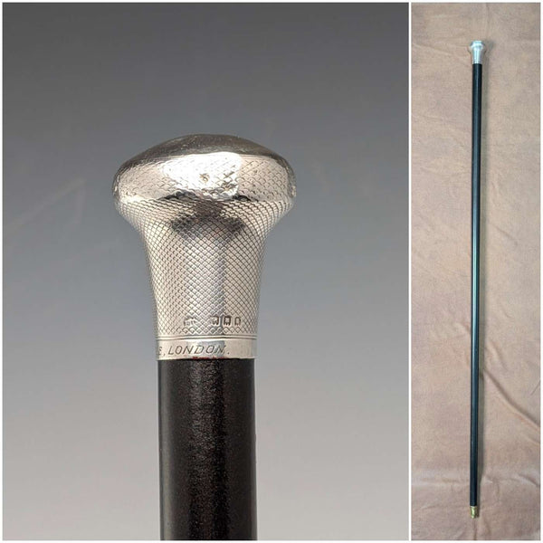 1921 Rikuni Antique Black Shaft Sterling Silver Rondelle Handle Walking Stick 91cm