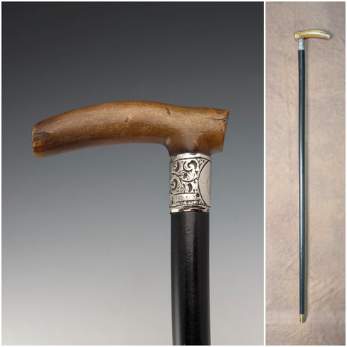 1897 年英國古董黑軸 L 型牛角柄純銀裝飾手杖 84 厘米