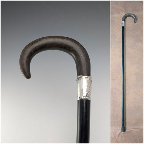 1902 British Antique Black Shaft Horn Handle Sterling Silver Decorated Walking Stick 90cm