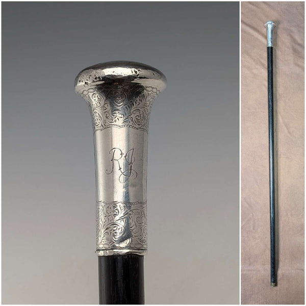 1906年 英国アンティーク 黒軸 純銀製 丸ハンドル ステッキ 杖 90cm W H Carrington