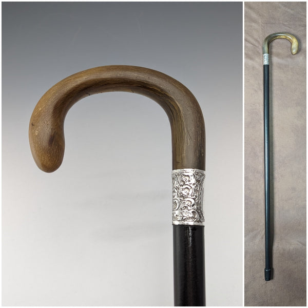 1925 British vintage gentleman's walking stick with horn handle and pure silver decoration, 79cm, C&S