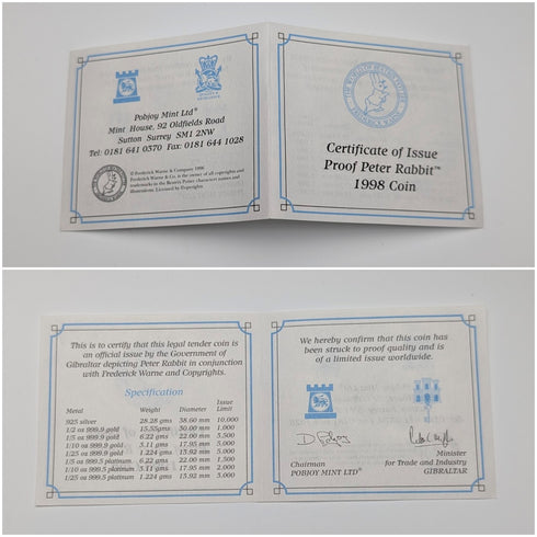 1998年 英国ジブラルタル クラウン銀貨 「ピーターラビット」PobjoyMint ケース・説明書付