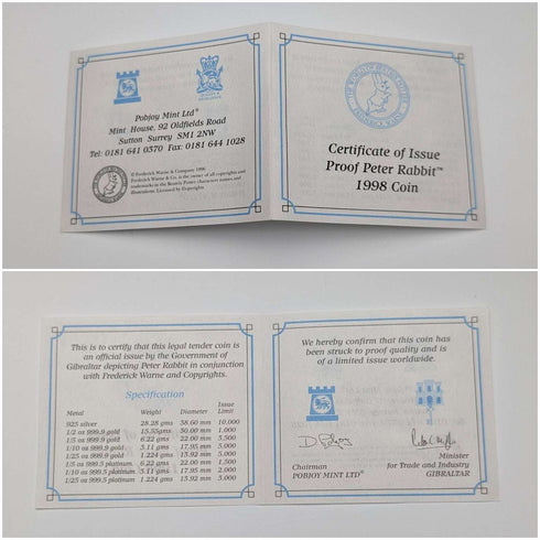1998年 英国ジブラルタル クラウン銀貨 「ピーターラビット」PobjoyMint ケース・説明書付