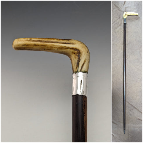 約 1900 年英國古董男士手杖純銀裝飾鹿角手柄棕色軸 85.5 厘米