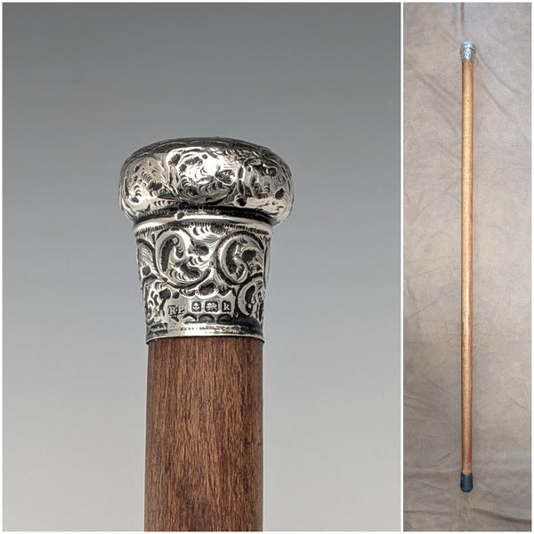 1909 British antique brown shaft engraved sterling silver walking stick with rondelle handle, 88cm