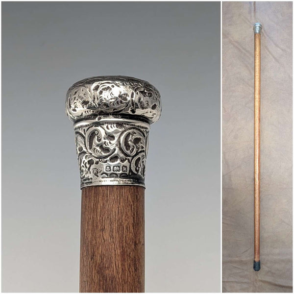 1909年 英国アンティーク ブラウンシャフト 彫刻純銀製 ロンデルハンドル ステッキ 杖 88cm