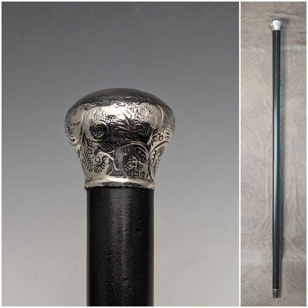 1913 British Vintage Men's Walking Stick, Sterling Silver, Round Handle, 91cm, Black Shaft