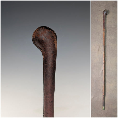 英國古董皮革棕色軸旋鈕手杖手杖 89 厘米