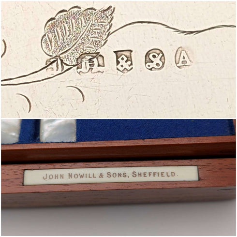 英國古董珍珠母貝甜點餐具,12對,木盒裝,John Nowill & Son 出品