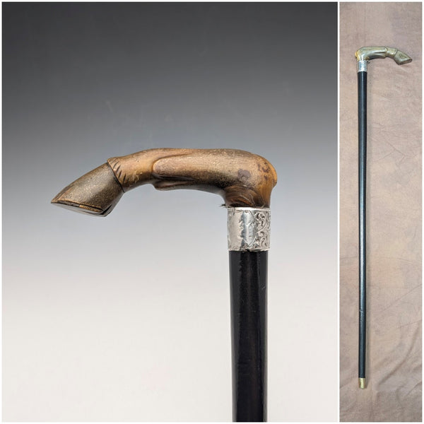 1899年 英国アンティーク 純銀装飾 L字ホーンハンドル ステッキ 杖 83cm