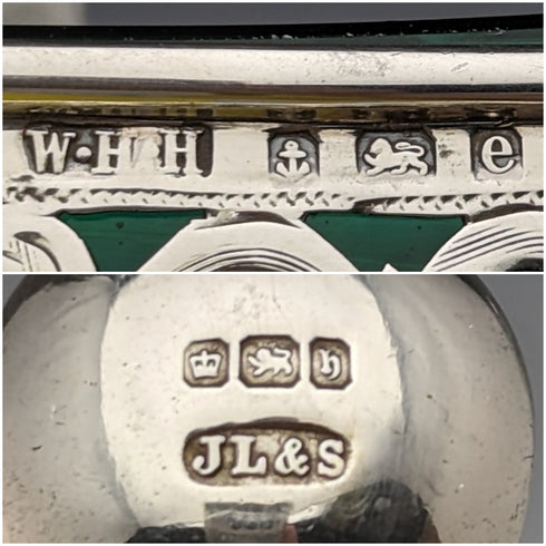 1904 British Antique Pure Silver & Green Glass Salt Dish & Spoon William Hair Haseler