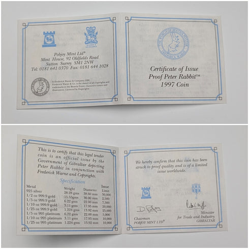 1997年 英国ジブラルタル クラウン銀貨 「ピーターラビット」PobjoyMint ケース・説明書付