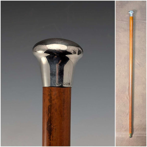 1924 British antique tan shaft sterling silver rondelle handle walking stick 91cm