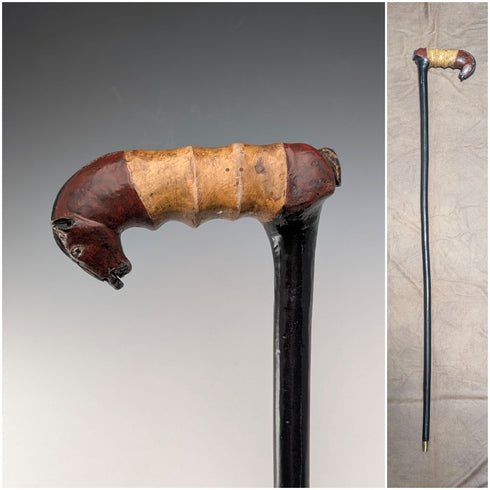 ヴィンテージ ブラックシャフト 彩色 馬彫刻ハンドル ステッキ 杖 94cm